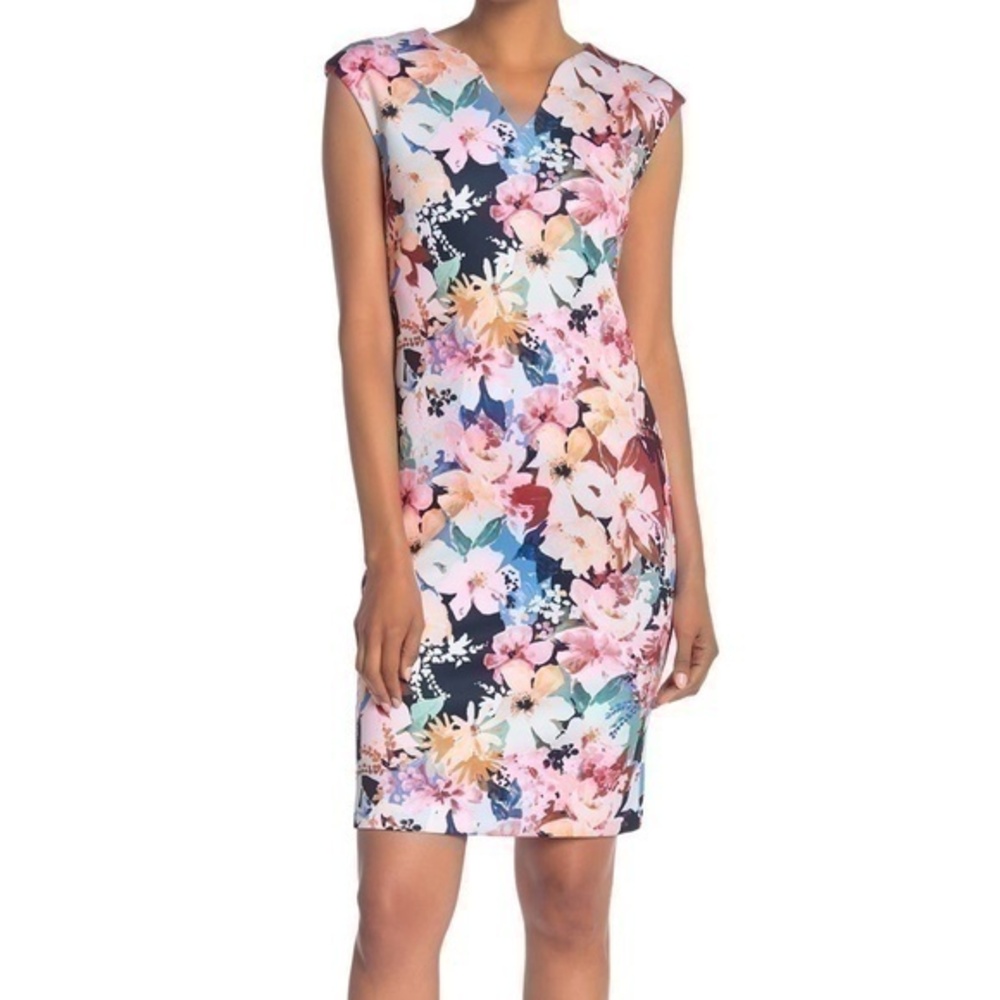 NWT T Tahari Floral Scuba Dress Sleeveless V-Neckline Women Size Medium